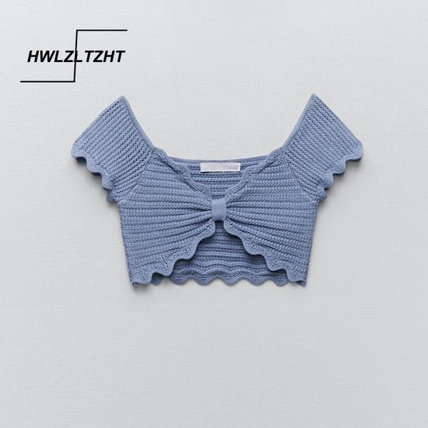 

women's blouses & shirts hwlzltzht blue knit female cropped crochet women 2021 summer short sleeve woman v neck knot elegant, White