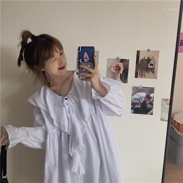 

casual dresses korean chic elegant fairy white sweet ladies 2021 summer soft girly sailor collar long sleeve ruffles women dress female, Black;gray