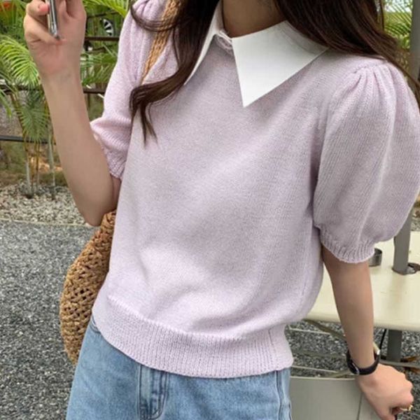 2 Farbe Frauen T-Shirt Puff Kurzhülse Koreanische dünne grundlegende Baumwolle Strick T-Shirts abnehmbarer Kragen Frühling Sommer Kleidung Femme 210527
