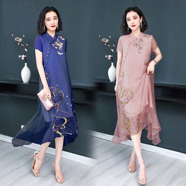 

luxury casual dresses silk cheongsam drs for women 2021 summer elegant chine style embroidered cloud gauze medium length skirt, Black;gray
