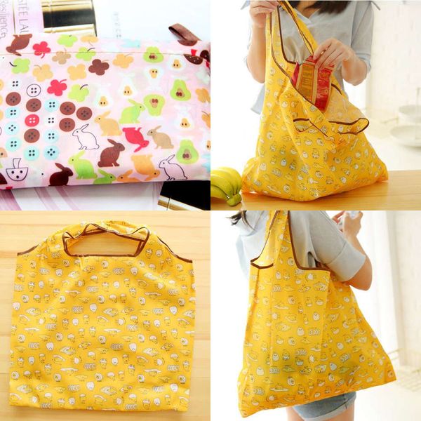 

300pcs foldable waterproof storage eco reusable polyester cartoon shopping tote bags quality shopping bags carriergenuineleather