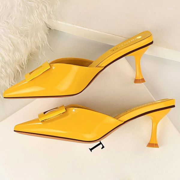 

slippers 2021 style summer slides women 6cm low high heels mules shales casual yellow kitten buckle glossy shoes1, Black