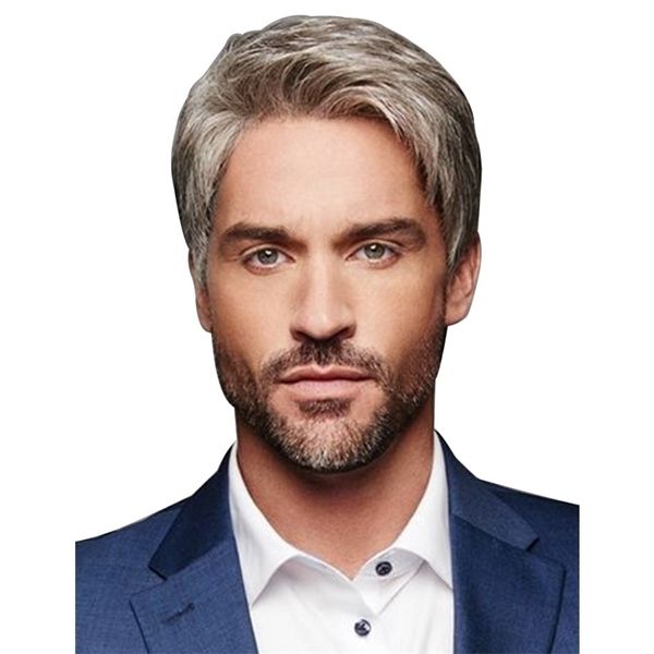 

wig brown gold men's partial split short straight wig head set rose net, Black