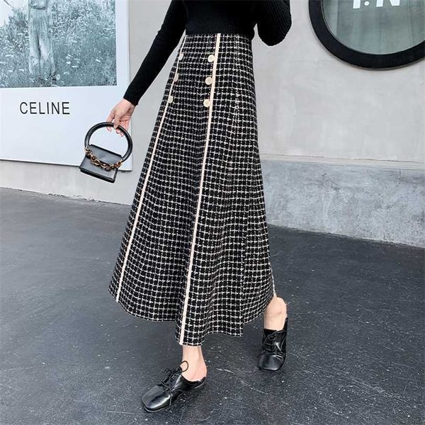 

autumn winter female plaid knit skirts korean fashion clothing casual retro high waist a line midi woman harajuku 211214, Black