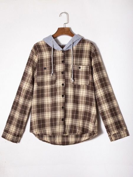 

button front plaid drawstring hooded blouse c660#, White