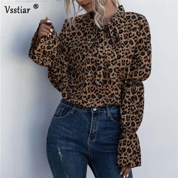 

fashion leopard blouse women 2021 long lantern sleeve bow casual blouses oversized autumn street ladies shirt plus size women's & shirt, White
