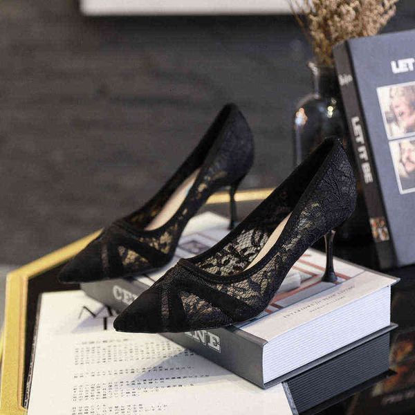 

kuku6885-r17 single shoe women's 2021 spring lace breathable net red black high heels thin heel pointed toe