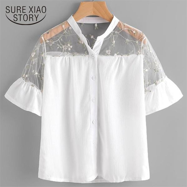 

arrived summer blouse women short sleeved white female lace hollow fashion solid shirt d399 30 210506