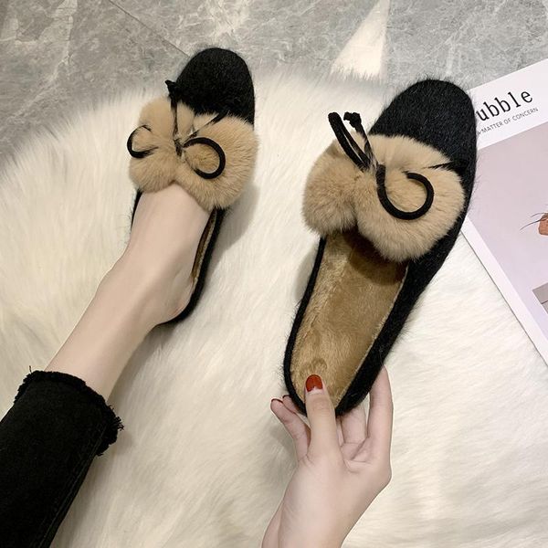 

korean version of the bow lazy fashion baotou wear flat bottom wild fur slippers women, Black