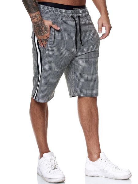 

men summer casual shorts plaid print with pockets, side stripe elastic waist pants running, Black;blue