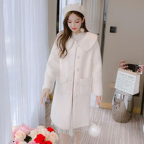 

women's wool & blends lamb coat autumn and winter clothing 2021 all-match thick mid-length fashion woolen double-sided, Black