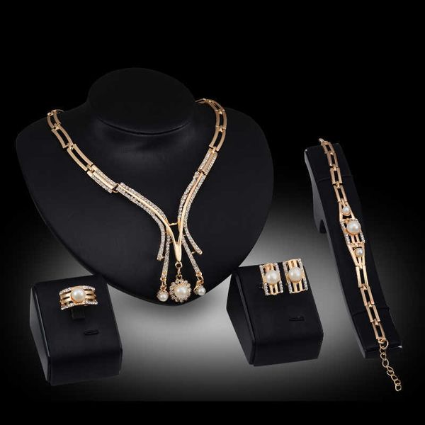 Moda Mulheres Colar de Casamento Miçangas Africanas Jóias Jóias Gold Jóias Austríaca Pérola Bracelete Brinco Anel Set H1022