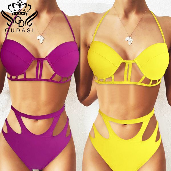 

bikini women oudasi solid bandage high waist mujer white swimwear summer swimsuit biquini female bathing suit tie bodysuit, White;black