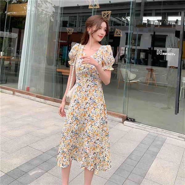 

korean chic vintage daisy print dress women puff sleeve sundress robe high waist a-line summer dress party vestidos 210515, Black;gray