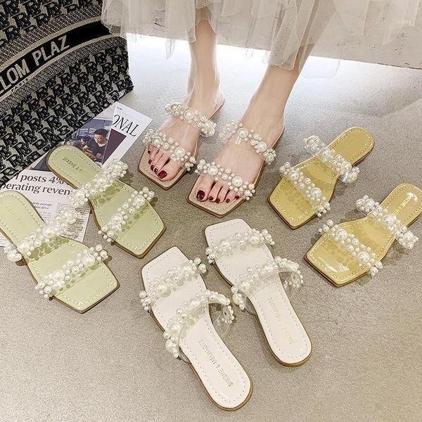 

women's shoes transparent slippers outdoor 2021 summer fashion pearl rivets soft bottom non-slip flat1, Black