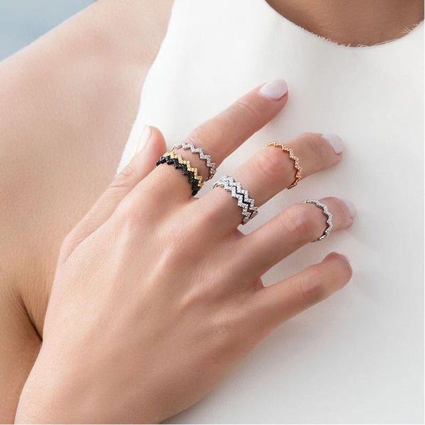 

wedding rings stacking stack love ring for women wave cz engagement band micro pave white black cubic zirconia eternity trendy gift 2021, Slivery;golden