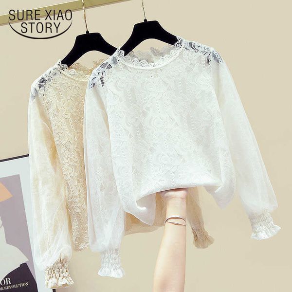 

fashion button transparent mesh white shirt female sweet women lace blouse see-through lantern long sleeve blouse blusas 11142 210528