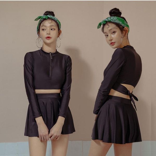 

one-piece suits swimsuit women 2021 two piece korean swimwear fused with push up separate bikini black skirt split slim bandage