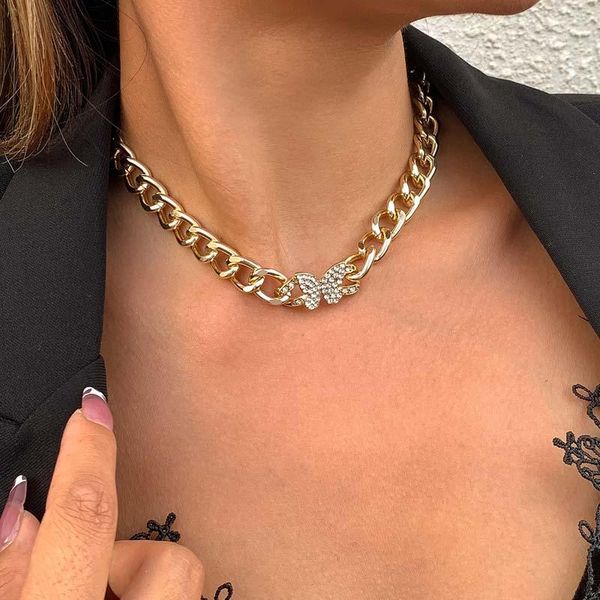 

chains delicate jewelry butterfly pendant necklace pretty design shiny crystal chunk chain for women accessories, Silver