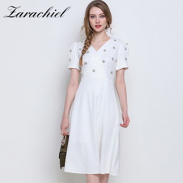 

dresses elegant v-neck floral beading women short sleeve high waist a-line midi femme office lady casual party vestidos, Black;gray
