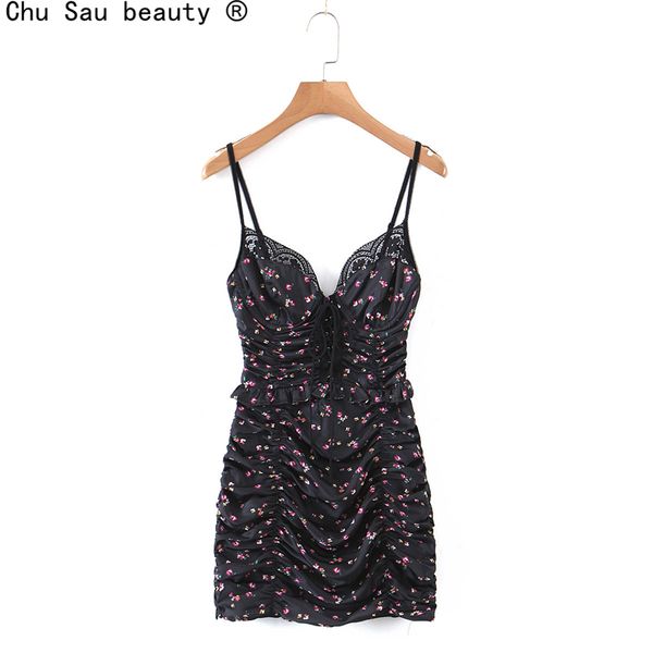 

summer french v neck lace flower sling strap folds lace-up backless dress female short vestido chic 210508, Black;gray