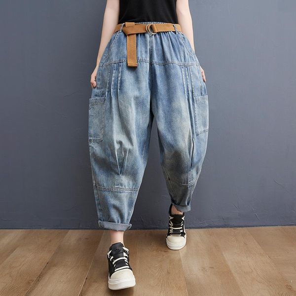 

women's jeans vanovich european and america loose belt denim harem pants 2021 fall baggy, Blue