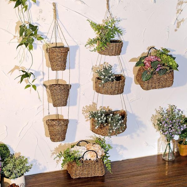 

vases wall hanging type decoration rope weaving small flower basket rattan