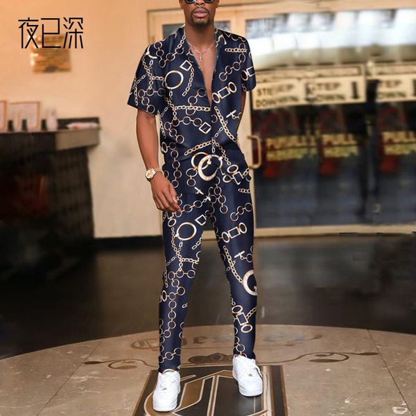 

2021 printed shirt casual trousers summer two-piece men's suit, Black