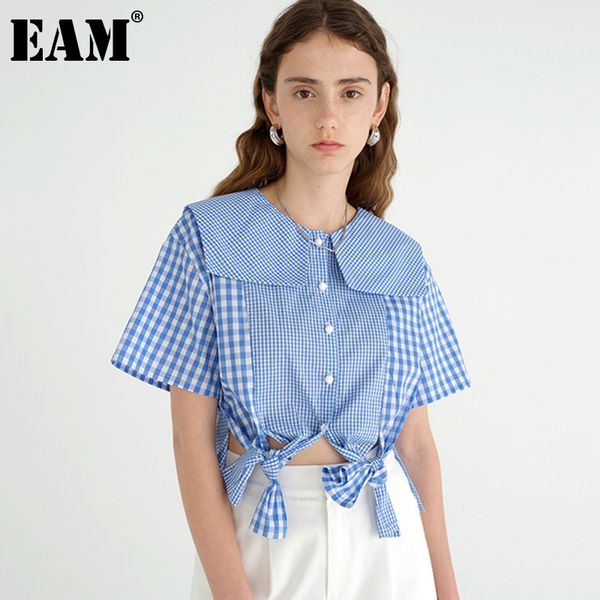 

[eam] women blue plaid bow elegant short blouse lapel short sleeve loose fit shirt fashion spring summer 1dd7846 21512, White
