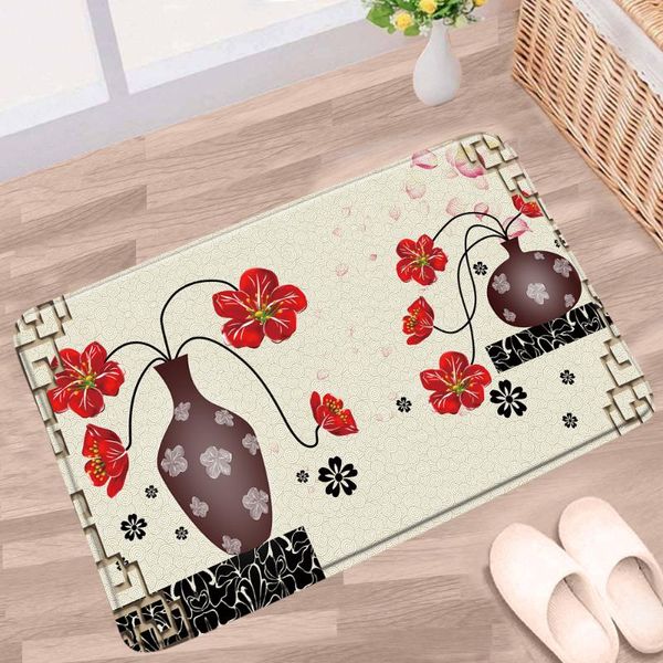 

bath mats doormat chinese style bathroom mat red ink flower plant fish lotus scenery non-slip rug toilet kitchen doorway aisle carpet pad