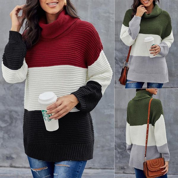 

women's sweaters winter turtleneck long sleeve color block pullover loose knitted fashion casual sweater, White;black