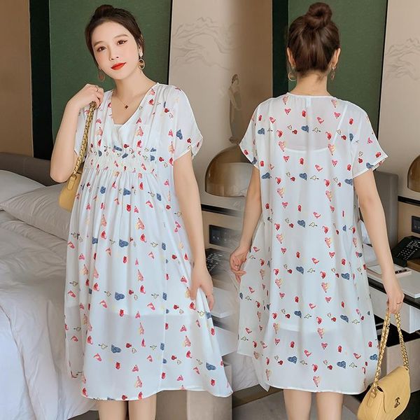

summer korean fashion floral print chiffon maternity dress slim high waist a line loose clothes for pregnant women pregnancy dresses, White