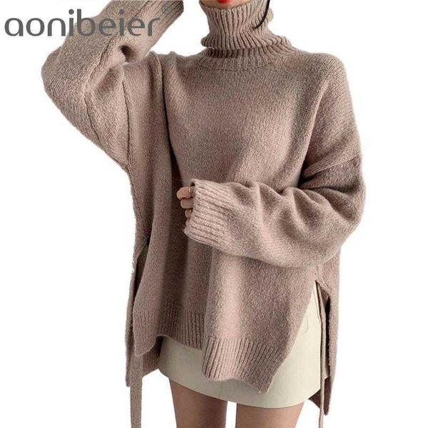 Maglione coreano chic autunno e inverno Woemn collo alto grandi dimensioni casual spacco posteriore pullover lavorato a maglia con lacci 210604