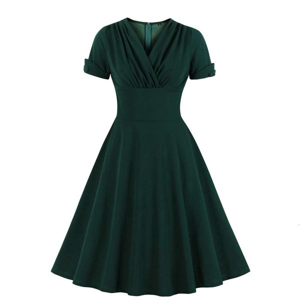 

selling v-neck women's temperament pleated waist large swing dress, Black;gray