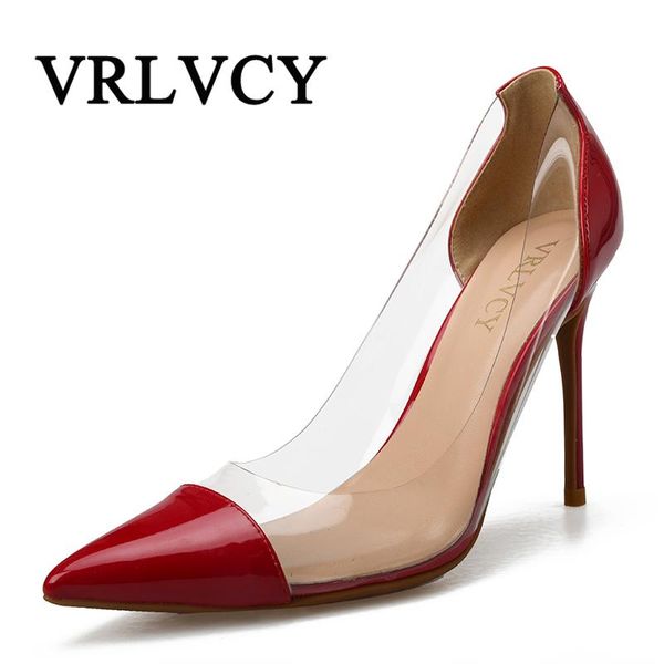 

dress shoes women pumps 2021 transparent 10cm high heels pointed toe slip-on wedding for lady size 32-46, Black