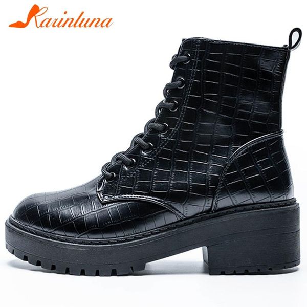 

boots woman's design dropship shoes stone pattern solid ankle square thick heels round toe cross-tied female, Black