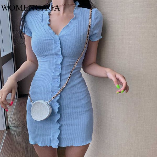 

womengaga summer short-sleeved slim dres's ultra-short mini v-neck single-breasted short light blue red oilm 210603, Black;gray