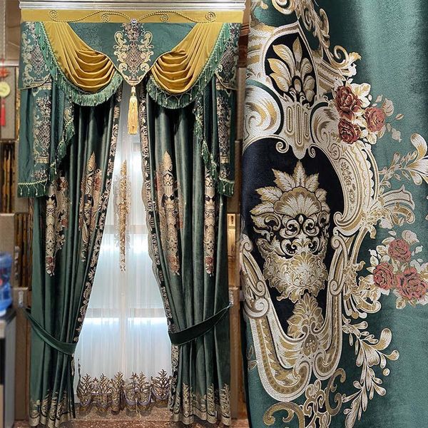 

high end villa luxury curtain sample european living room bedroom shade dark green velvet cloth jacquard curtains & drapes