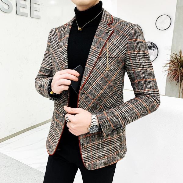 

men's suits & blazers wool blend tweed men antumn winter jacket plaid suit blazer masculino vintage terno, White;black