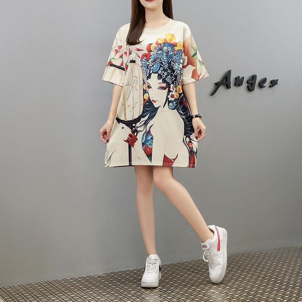 

women's t-shirt plus size fashion brand ethnic style womens t-shirts summer vintage printed tees short-sleeved loose long oversize, White