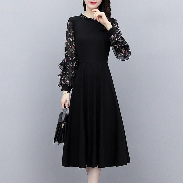 

woman dresses autumn long black sleeve chiffon floral dress vestido de mujer femme robe casual, Black;gray