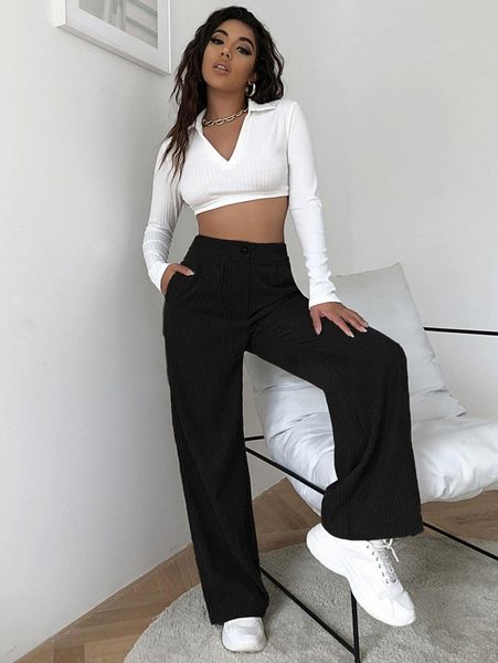 

high waist cord wide leg pants e3lz#, Black;white