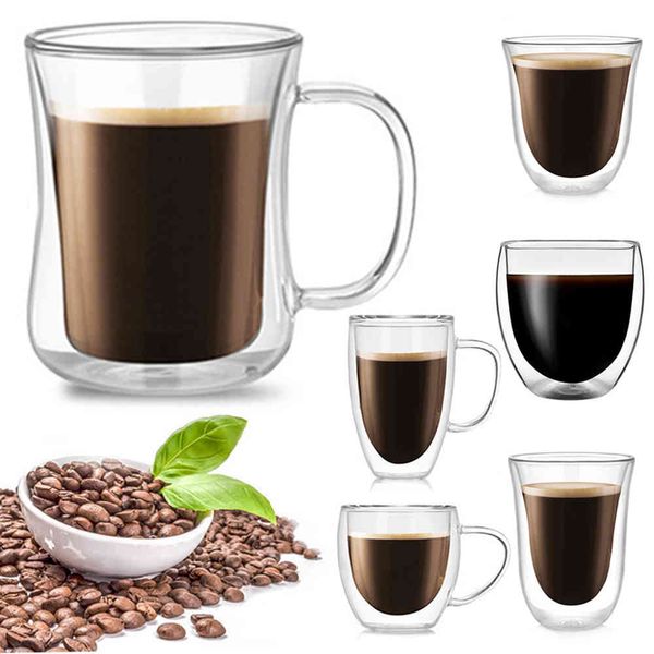 Tazze da caffè con manico Isolamento per bevande Tazza da tè in vetro a doppia parete Latte creativo resistente al calore