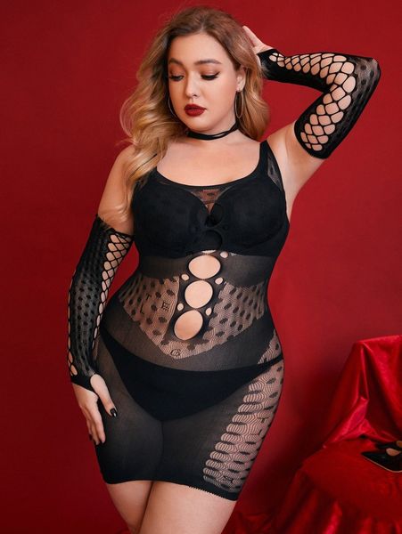 

plus hollow-out fishnet dress without bra & panty c12n#, Black;white