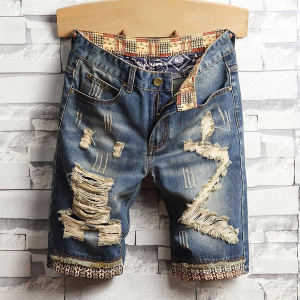 

men's jeans fashion streetwear ripped vintage bermuda short summer male hip hop casual retro holes loose straight denim shorts, Blue