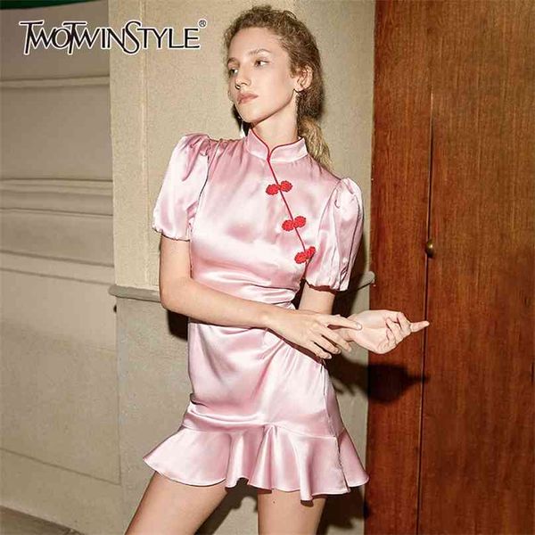 

pink chinese style dress for women stand collar puff short sleeve high waist irregular mini dresses female 210520, Black;gray