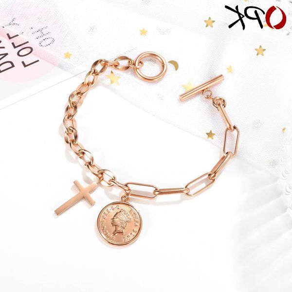 

minority cross clasp bracelet simple portrait coin titanium steel bracelet, Golden;silver