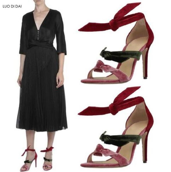 

fashion women velvet sandals party shoes lace up open toe gladiator mix color high heels bowtie, Black