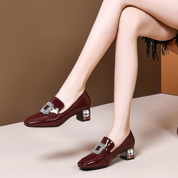 

dress shoes mljuese 2021 women pumps autumn spring soft cow leather square toe wine red color slip on crystal high heels lady size 41, Black