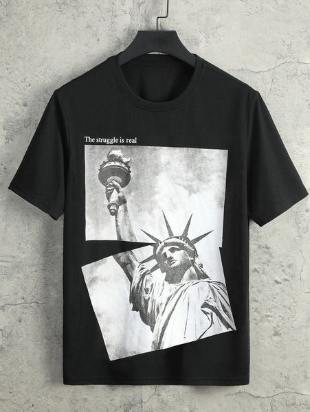 

men slogan & statue-of-liberty print tee 66x4#, White;black